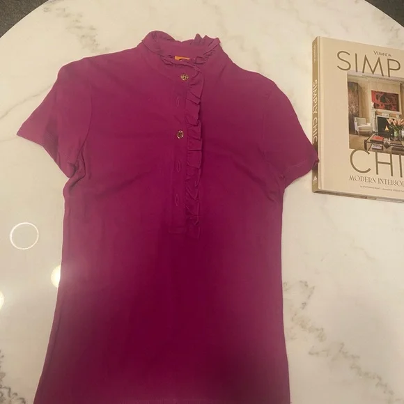 Tory Burch Women's Fuchsia Ruffle Button Down Shirt - Picture 3 of 4